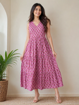 Summer Rose Garden Tiered Elegant Pink Floral Cotton Dress