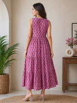 Summer Rose Garden Tiered Elegant Pink Floral Cotton Dress