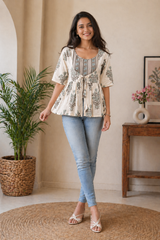 Aafiya Sage Green Floral Layered Short Kurti with Inner Camisole Top