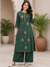 Zehra Emerald Bloom Embroidered Cotton Suit Set with Cotton Dupatta