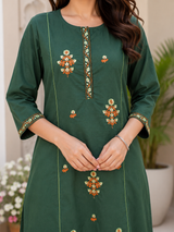 Zehra Emerald Bloom Embroidered Cotton Suit Set with Cotton Dupatta