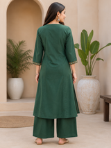 Zehra Emerald Bloom Embroidered Cotton Suit Set with Cotton Dupatta
