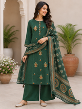 Zehra Emerald Bloom Embroidered Cotton Suit Set with Cotton Dupatta