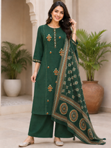 Zehra Emerald Bloom Embroidered Cotton Suit Set with Cotton Dupatta