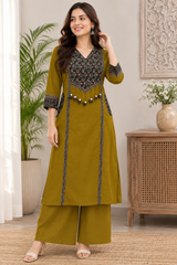 Eshira Olive Folk Charm Cotton Suit Set with Printed Dupatta