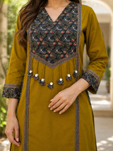 Eshira Olive Folk Charm Cotton Suit Set with Printed Dupatta