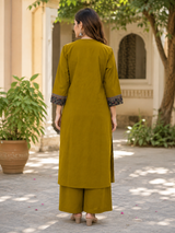 Eshira Olive Folk Charm Cotton Suit Set with Printed Dupatta