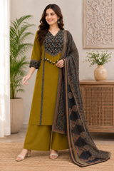 Eshira Olive Folk Charm Cotton Suit Set with Printed Dupatta