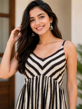 Aarohi Black & Ivory Handblock Printed Flared Maxi Dress