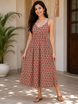 Aarika Maroon Heritage Handblock Printed Flared Cotton Dress