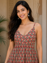 Aarika Maroon Heritage Handblock Printed Flared Cotton Dress
