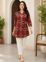 Zoya Maroon Ikat Charm Cotton Short Kurti