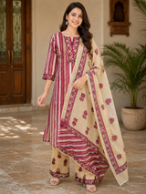Zariya Mulberry Grace Cotton Suit Set with Printed Cotton Dupatta