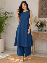 Aarohi Solid Blue Grace Cotton Co-Ord Set