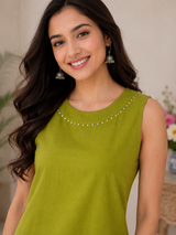 Aarohi Solid Olive Grace Cotton Co-Ord Set