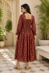 Elara Vintage Rose Cotton Flared Dress