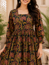 Zariya Midnight Bloom Premium Cotton Flared Dress