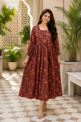 Elara Vintage Rose Cotton Flared Dress