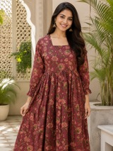 Elara Vintage Rose Cotton Flared Dress