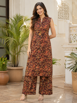 Zoya Maroon Garden Printed Cotton Co-Ord Set