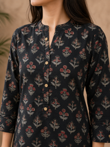 Raven Black Wildflower Noir Cotton Short Kurti