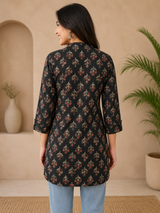 Raven Black Wildflower Noir Cotton Short Kurti