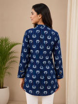 Sapphire Blue Blossom Noir Cotton Short Kurti