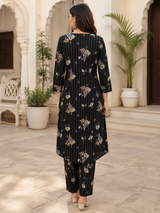 Avena Black Floral Stripe Cotton Co-Ord Set