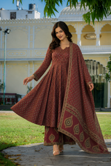 Rajvani Royale Maroon Printed Cotton Suit Set with Cotton Dupatta