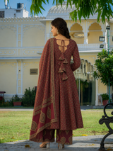 Rajvani Royale Maroon Printed Cotton Suit Set with Cotton Dupatta