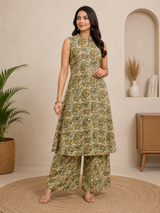 Nyra Sage Paisley Print Olive A line Cotton Co-Ord Set