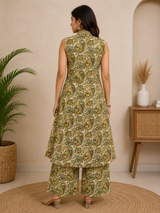 Nyra Sage Paisley Print Olive A line Cotton Co-Ord Set
