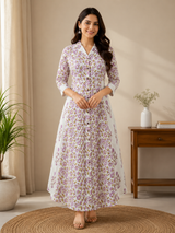 Zivara Lilac Bloom Printed A Line Cotton Dress