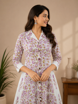 Zivara Lilac Bloom Printed A Line Cotton Dress