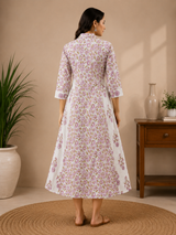 Zivara Lilac Bloom Printed A Line Cotton Dress