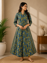 Mireya Blue Leaf Elegance A line Cotton Dress