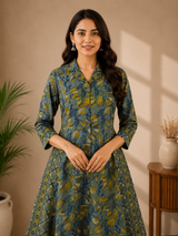 Mireya Blue Leaf Elegance A line Cotton Dress