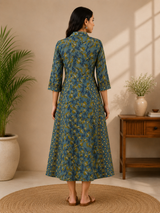 Mireya Blue Leaf Elegance A line Cotton Dress