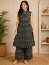 Aarini Teal Mughal Print Set A line Cotton Co-Ord Set