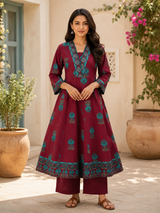 Nazakat Royal Wine Printed Anarkali Cotton Suit Set with Cotton Dupatta
