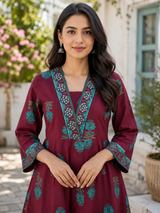 Nazakat Royal Wine Printed Anarkali Cotton Suit Set with Cotton Dupatta