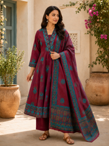 Nazakat Royal Wine Printed Anarkali Cotton Suit Set with Cotton Dupatta