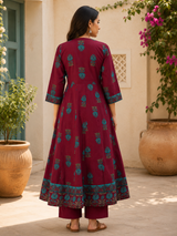 Nazakat Royal Wine Printed Anarkali Cotton Suit Set with Cotton Dupatta
