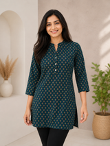 Riyanshi Teal Petal Elegance Cotton Short Kurti