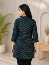 Riyanshi Teal Petal Elegance Cotton Short Kurti