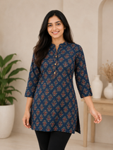 Bhavika Blue Petal Elegance Cotton Short Kurti