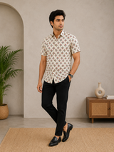 Kenvior Cream Floral Premium Cotton Men’s Shirt