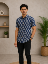 Rovik Blue Ethnic Print Cotton Men’s Shirt