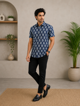 Rovik Blue Ethnic Print Cotton Men’s Shirt