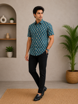 Majestic Teal Ethnic Cotton Men’s Shirt